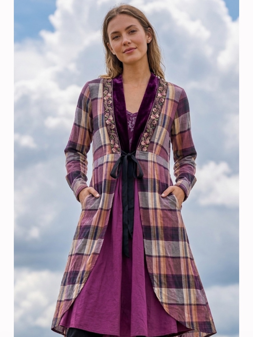 Aratta kimono tie front plaid and velvet nwt ptp 18 no belt but don't need